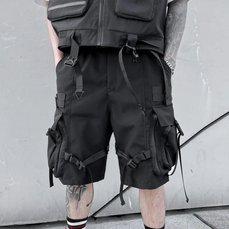 2023 Multi Pockets Street Punk Hip Hop Cargo Shorts Mens Tactical Techwear Knee Length Wide Leg Short Pants