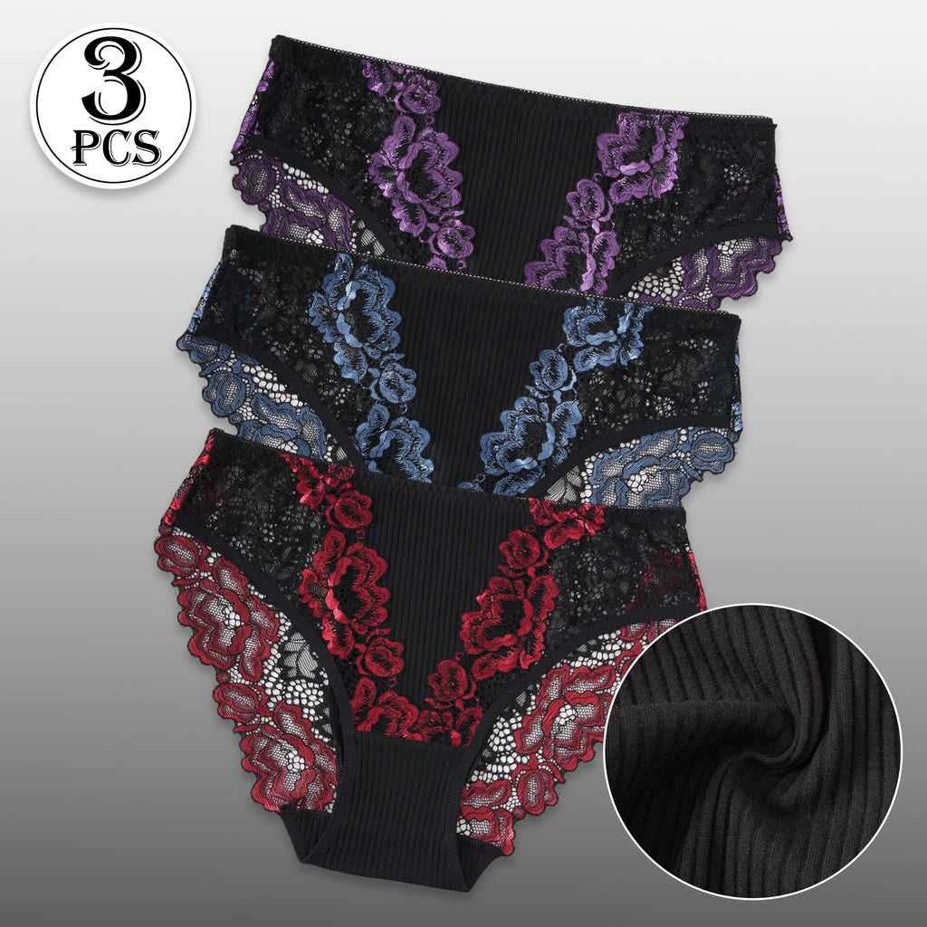 3PCS Women Contrast Lace Striped Cotton Briefs Sexy Semi-Sheer Lace Floral Panties Female Soft Comfortable Lingerie S-XXL Hot