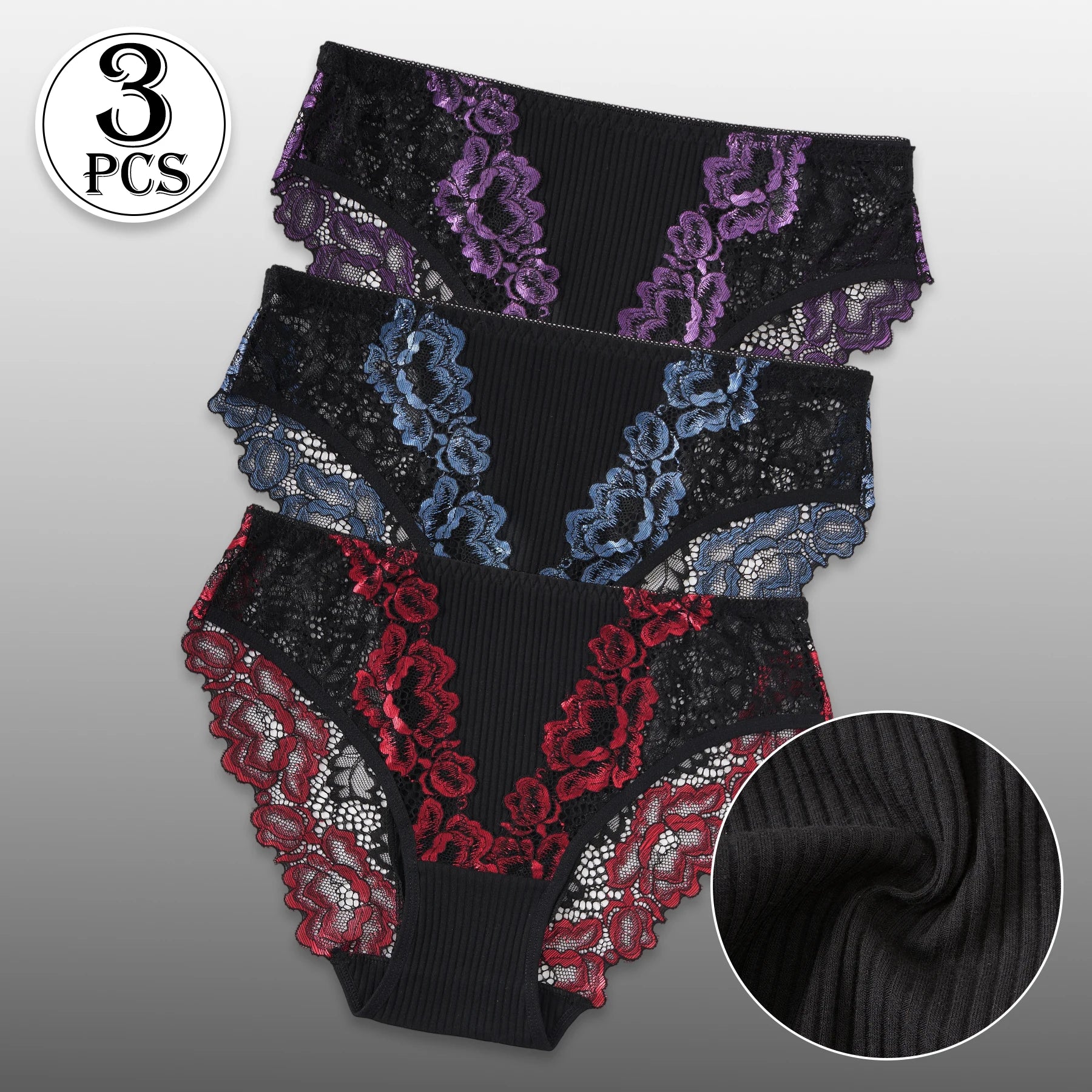 3PCS Women Contrast Lace Striped Cotton Briefs Sexy Semi-Sheer Lace Floral Panties Female Soft Comfortable Lingerie S-XXL Hot