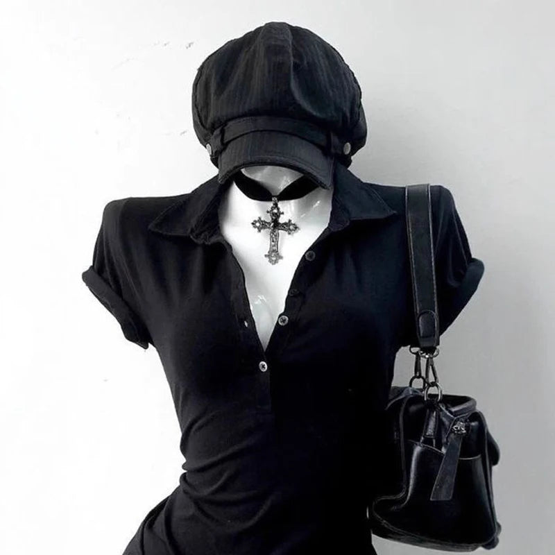 Graphic Harajuku POLO Collar Solid Short Sleeve Women's T-shirts 90s Clothes Vintage Women  Female Trashy Y2k 2000s Tops Gothic
