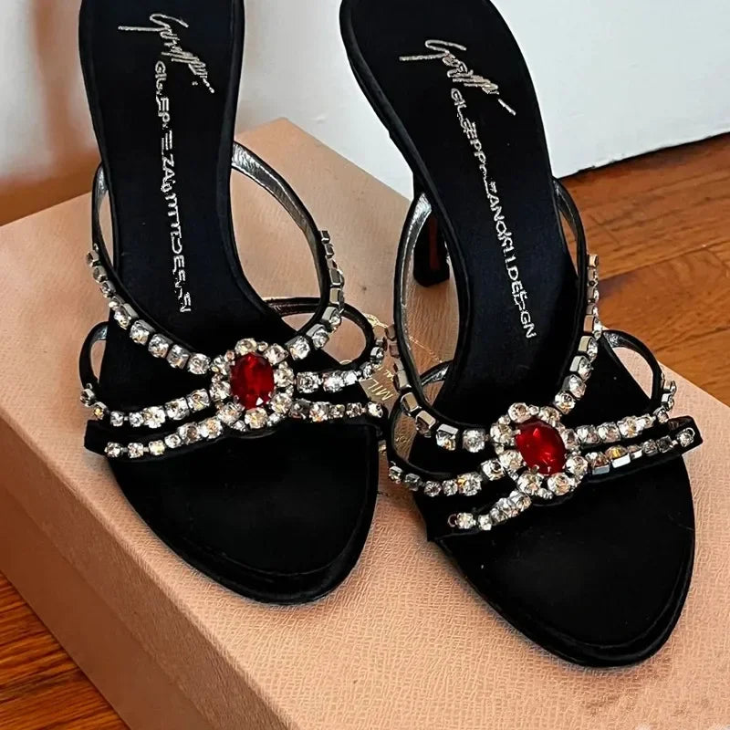 Summer New Women's High Heels Open-Toe Sandals Red Spider Gem Slippers Thin Heel Rubber Bottom round Toe Silk Surface