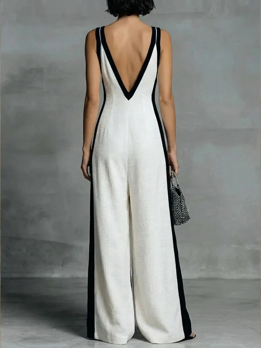Sexy Deep V Neck Wide Leg Jumpsuit Women Summer Sleeveless Backless Vintage Elegant Color Blocking Pants Jumpusits Woman Romper
