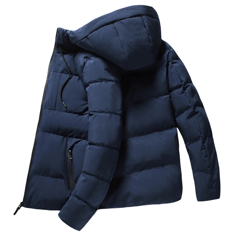 Men\'s Thickened Down Cotton Coat with Hood Long Sleeves and Zipper Warm Outerwear Jacket for Casual and Daily Wear Multi Season