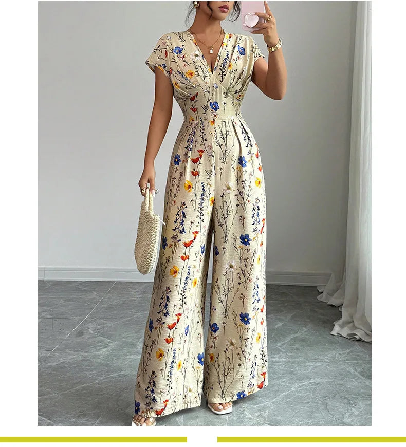Spring and Summer Women's European and American Classic Elegant Fresh Flower Print Short Sleeve High Waist Straight Leg Jumpsuit