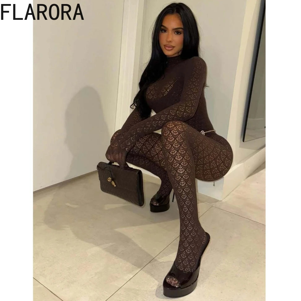 FLARORA Sexy Jacquard See Through Jumpsuits Woman Wild Turtleneck Full Sleeve Backless Skinny Stretch Midnight Club Streewear