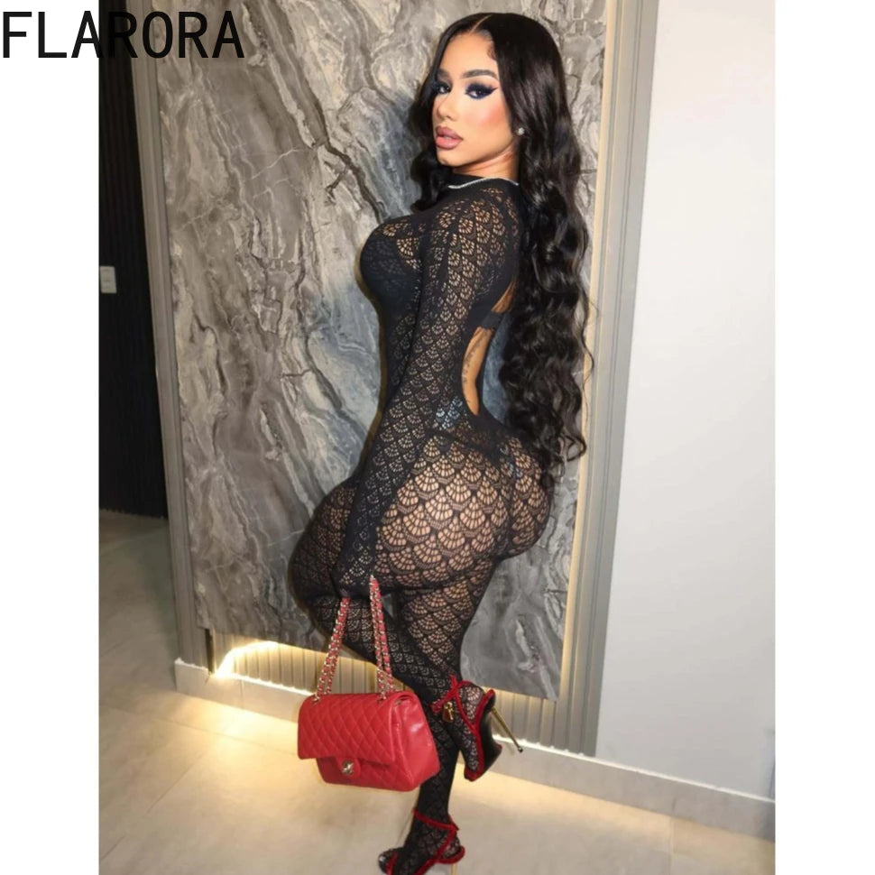 FLARORA Sexy Jacquard See Through Jumpsuits Woman Wild Turtleneck Full Sleeve Backless Skinny Stretch Midnight Club Streewear