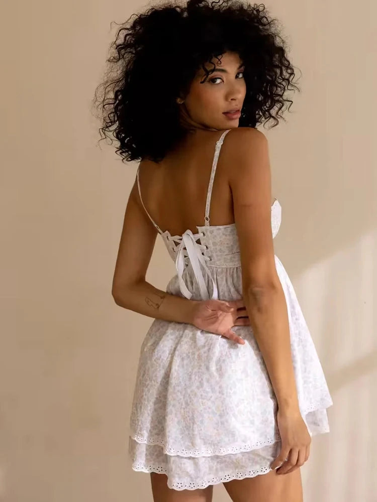 Boho Inspired Babydoll design straps adjustable dress women eyelet lace underwire cups summer dress floral print ladies dress