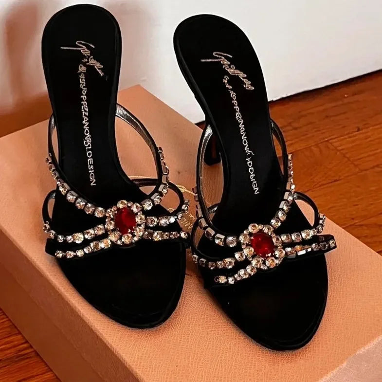Summer New Women's High Heels Open-Toe Sandals Red Spider Gem Slippers Thin Heel Rubber Bottom round Toe Silk Surface