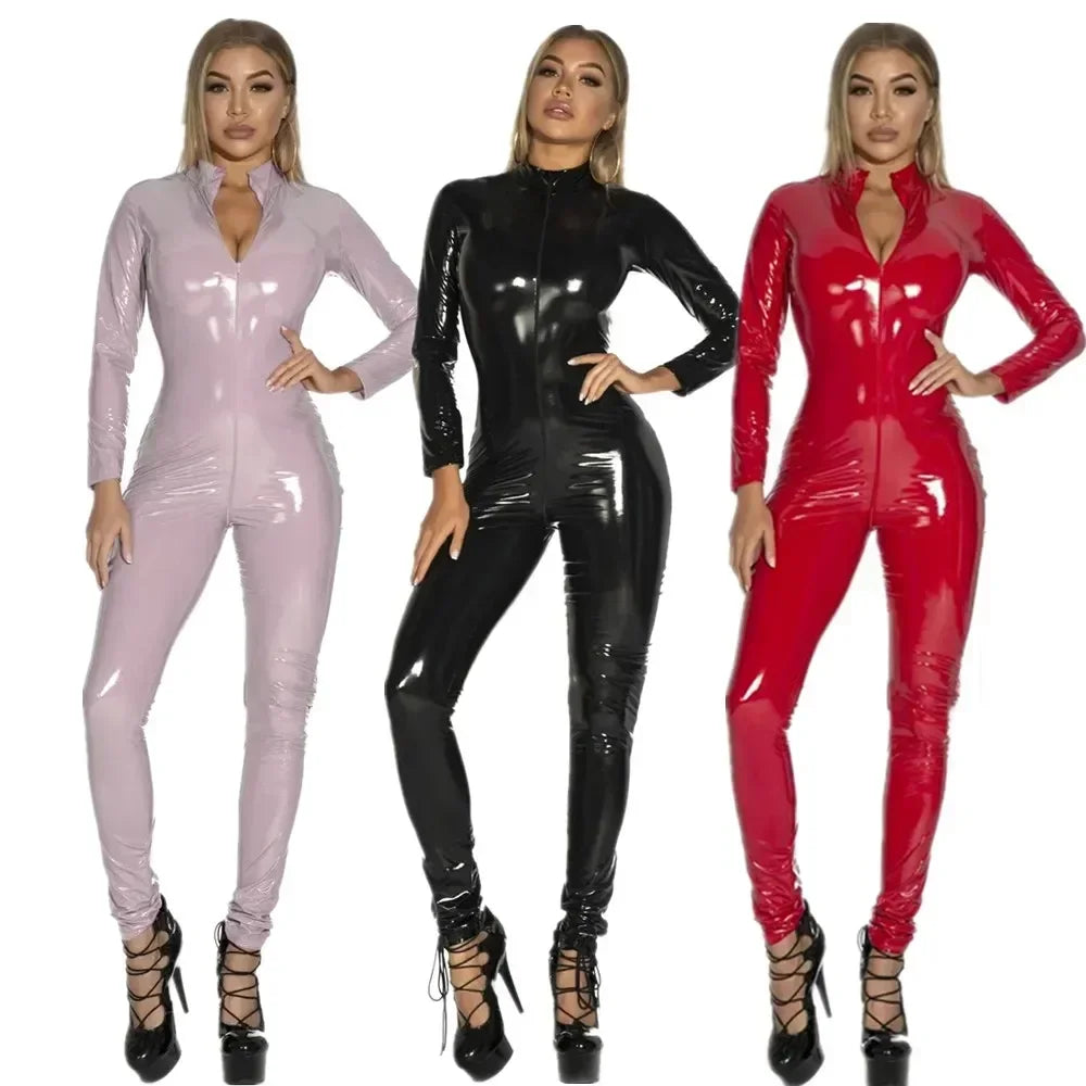 2025 Halloween Plus Size Women Black Red Pink Sexy Shiny Patent Leather PU Zipper Open Crotch Jumpsuit Nightclub Wet Look