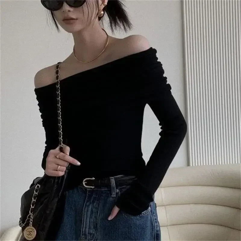 Women Off Shoulder Long Sleeve Knitted T-shirt Sexy Tops Solid Elegant Autumn Winter New Spicy Girl Slim Fit Short Red Crop Top