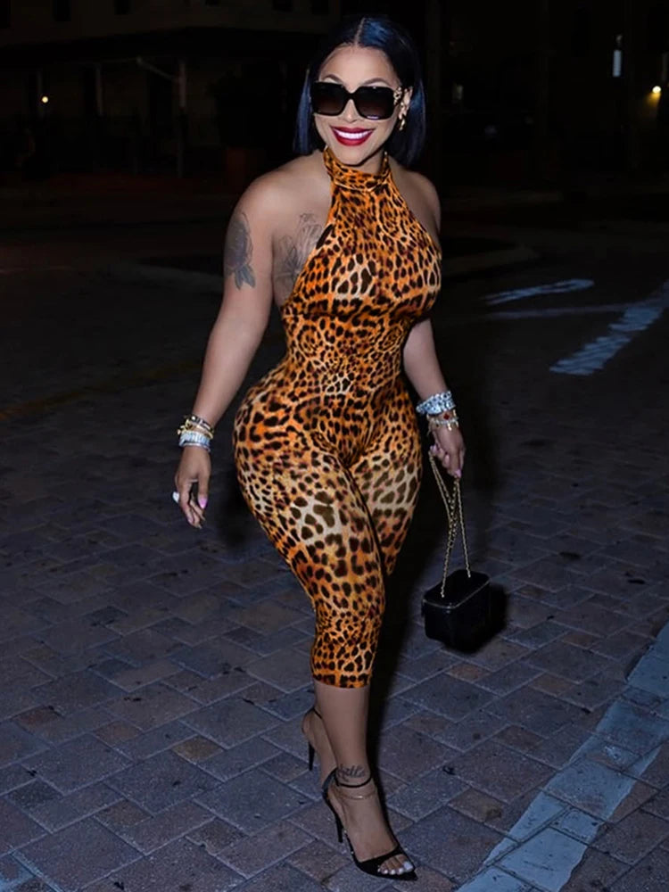 Weird Puss Backless Romper Women Halter Bandage Leopard Print Fit Tight Stretch Summer Sexy Hipster Activity Workout Playsuits