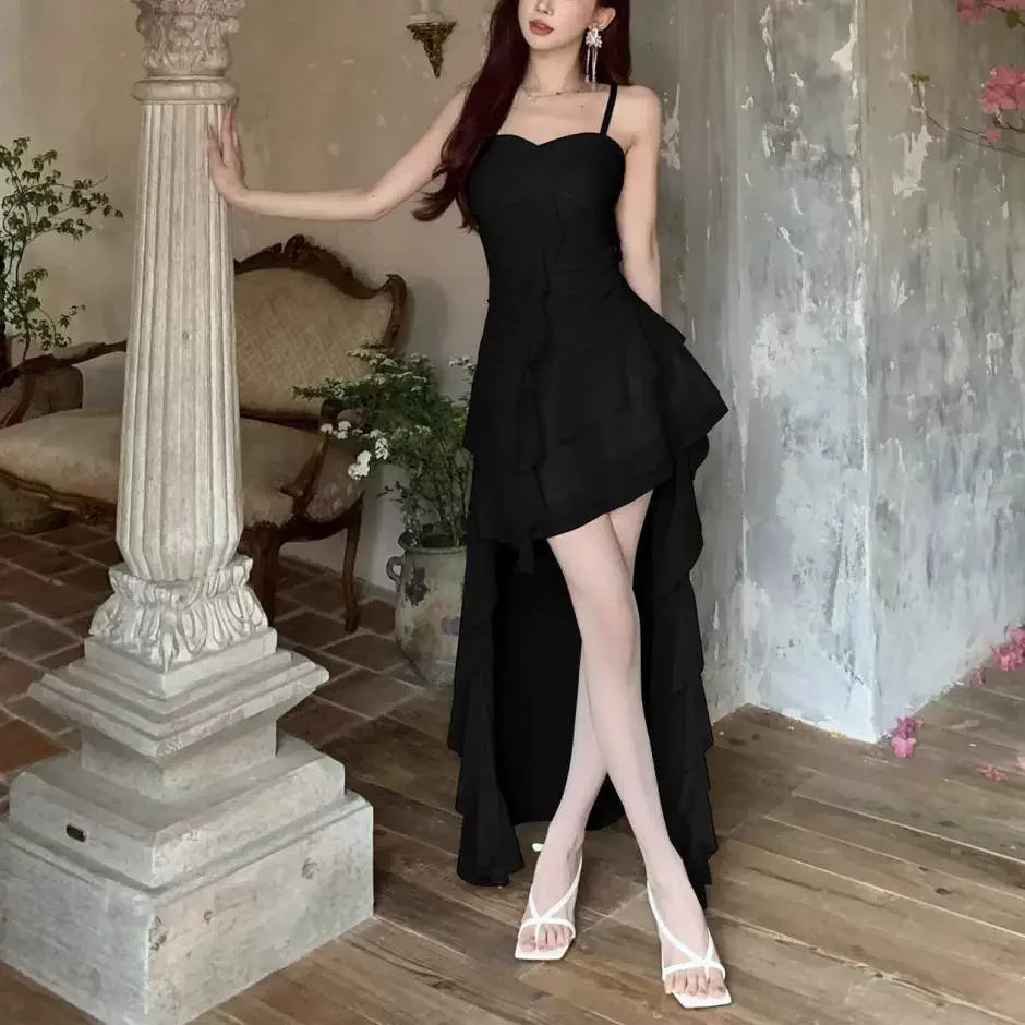 Fashion Sexy Spaghetti Strap Ruffle Irregular Bodycon Party Club Evening Dress Women Mesh Suspender Spring Summer Holiday Beach