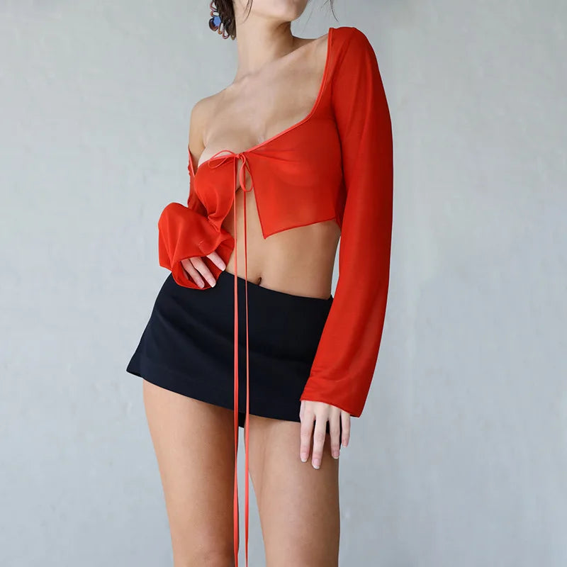 Women's Crop Tops Long Sleeve Solid Color Tie-Up Cardigan Mesh Sheer T-shirt for Young Ladies Y2K Clothes Cardigan