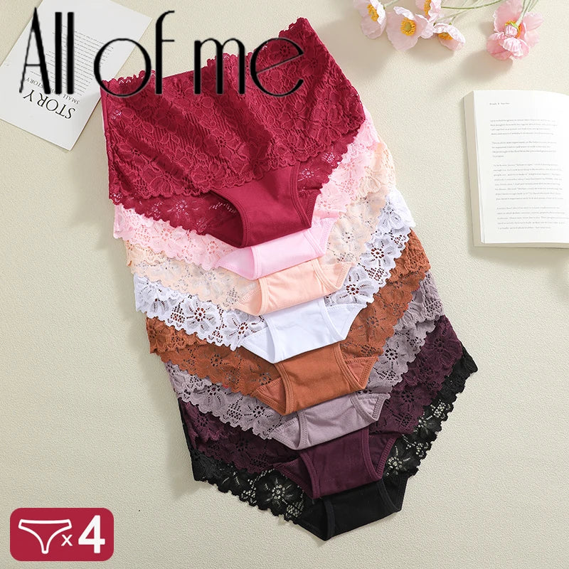 4Pcs/Set High-Waisted Hollow Out Lace Panties For Women Soft Cotton Crotch Breathable Comfortable Pan