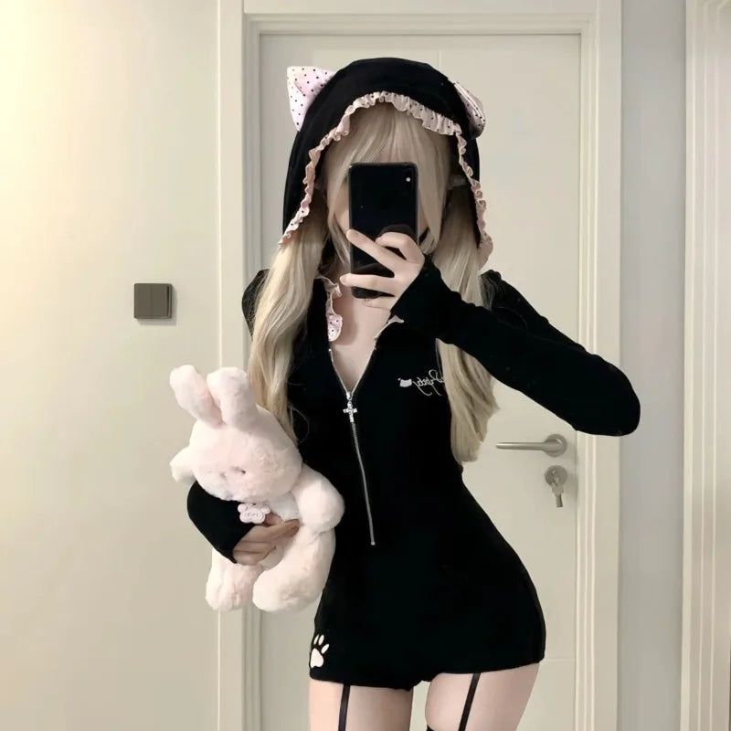 Japanese High End Spice Girl Spliced Ear Cute Jumpsuit Y2k Aesthetic Kawaii Embroidery Print All Match Casual Body Suit