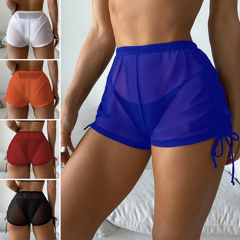 Women Summer Sexy Beach Swimming Shorts High Waist Mesh Sheer Lace Bikini Bottoms Orange Transaparent Cover Up Beachwear Acces