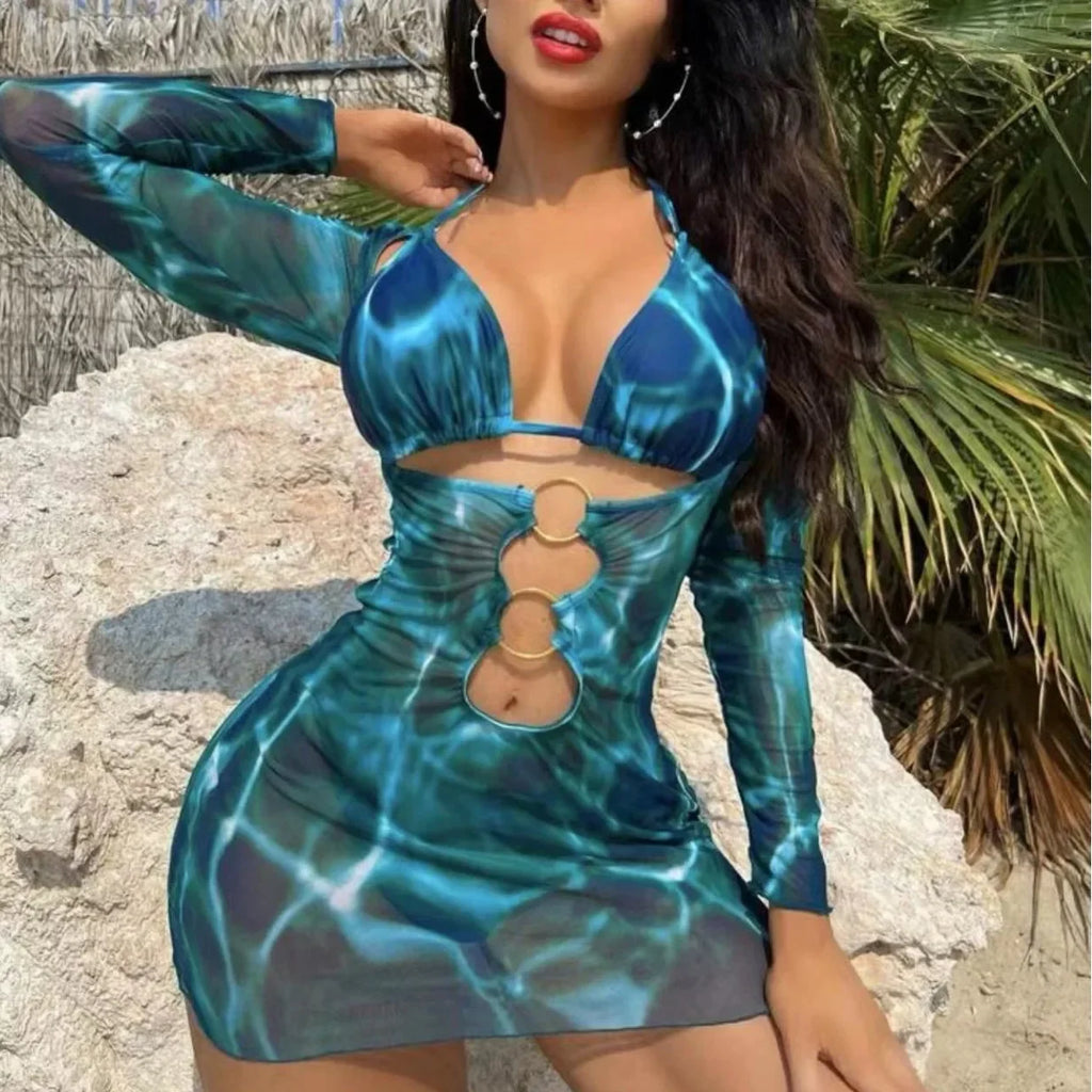 Sexy Multi-Color Bikini Three-Piece Set Long Sleeve Cover up Sun Protection Separate Triangle Swimsuit from Mainland China