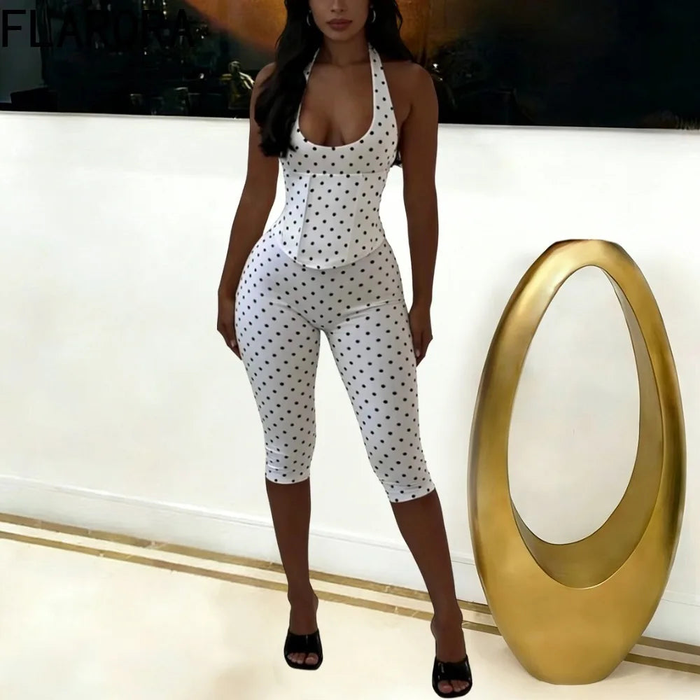 FLARORA Sexy Polka Dot Print Jumpsuit Woman Halter V-neck Corset Backless Bandage Calf Length Skinny Peach Hip Street Overalls