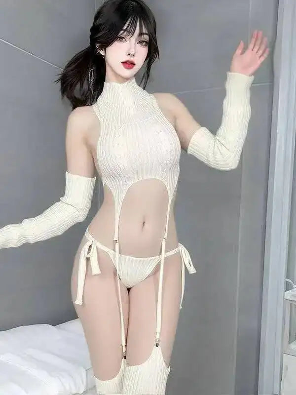 Sexy Backless Sweater Cosplay High Neck Socks Gloves Pure Desire Women Rompers Clothing Body Suits Sweet Sexy Women Top 1ZYF