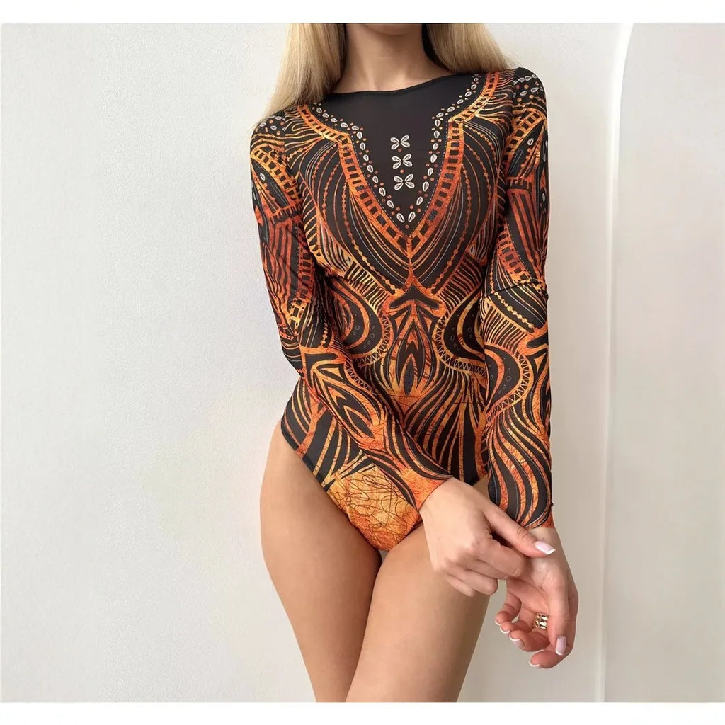 New Summer Women's Sexy Mesh One-piece Bikini Positioning Printed Swimsuit