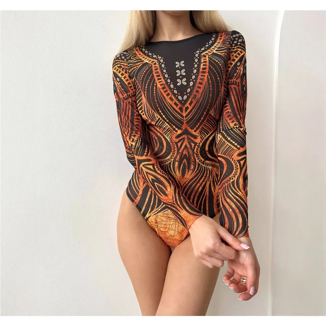 New Summer Women's Sexy Mesh One-piece Bikini Positioning Printed Swimsuit