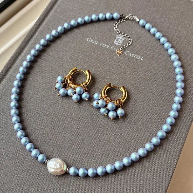 Minar Good Quality Blue Color Irregular Baroque Freshwater Pearl Beaded Necklace for Women Silver Plated Chain Strand Chokers