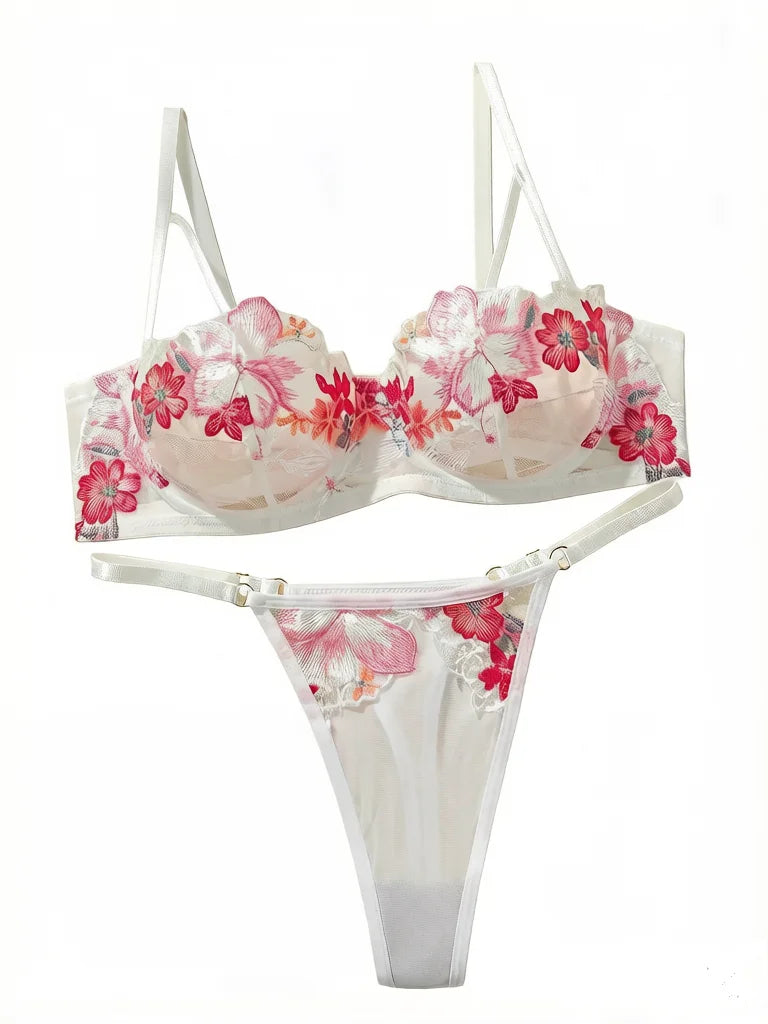Women's Vintage Embroidered Floral Lingerie Set with Steel Ring Push-Up Breathable Sexy Intimate Bra Set Close-Fitting MR3449