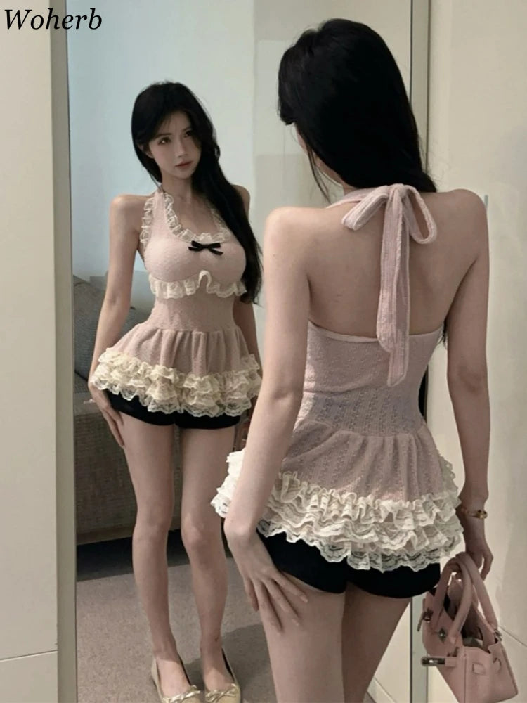 Women Clothing Sweet Lace Patchwork Slim Fit Tanks Halter Bandage All Match Camisole Fashion Summer Backless Y2k Vest Ropa Mujer