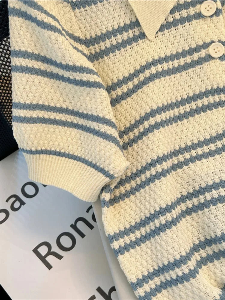 2025 Polo Neck New Womens Knitting T-Shirt Striped Short Sleeve Women T Shirt