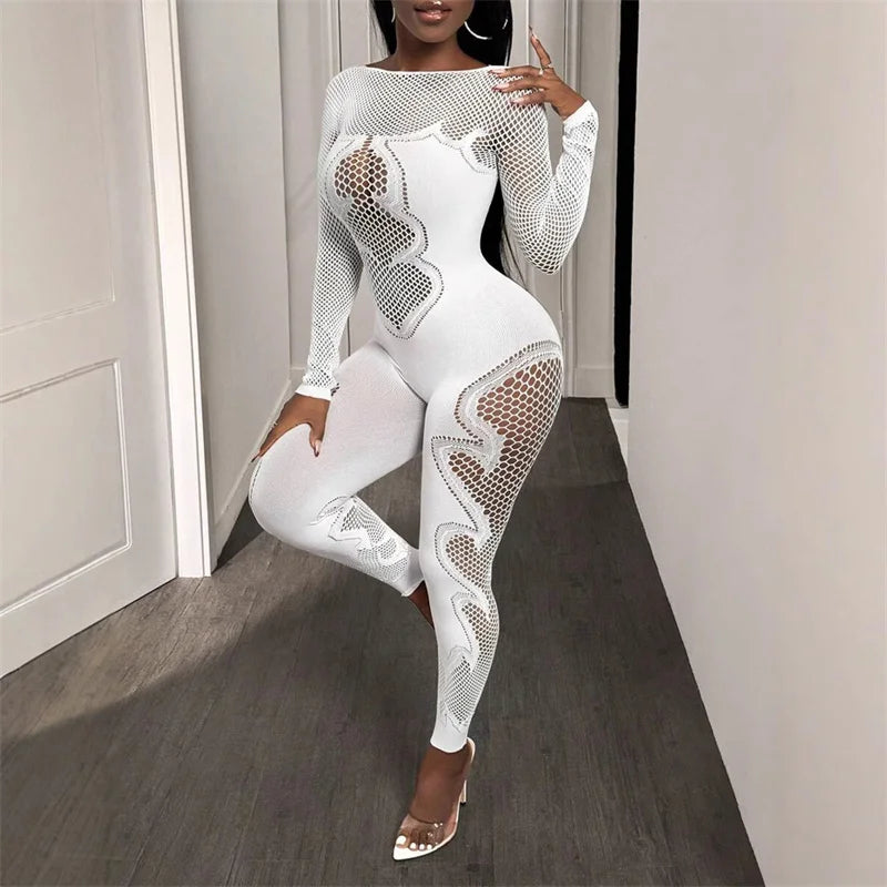New Outfits Sexy Bodycon Jumpsuits Women Long sleeve Bodycon Hollow Out Rompers Jumpsuit elastic White One-piece Overalls 2025