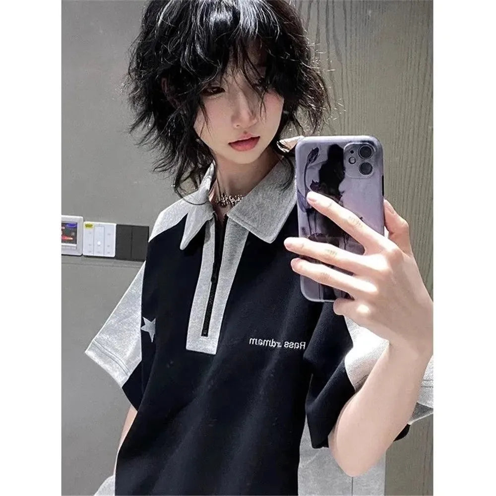 Y2k Summer Polo T-Shirts Women American Vintage New Cotton Contrast Panels Casual Harjuku  Shirts Short Sleeve Women Casual Tops