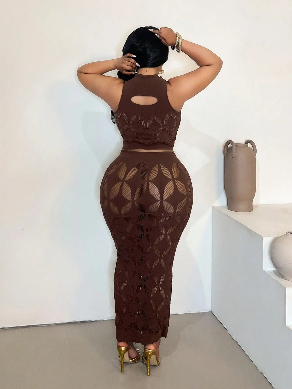 2PCS Women's Sexy Set Black&Brown Mesh Hollow Out Crop Tank & High Waist Bodycon Mini Skirt Lace Stretechy Clubwear