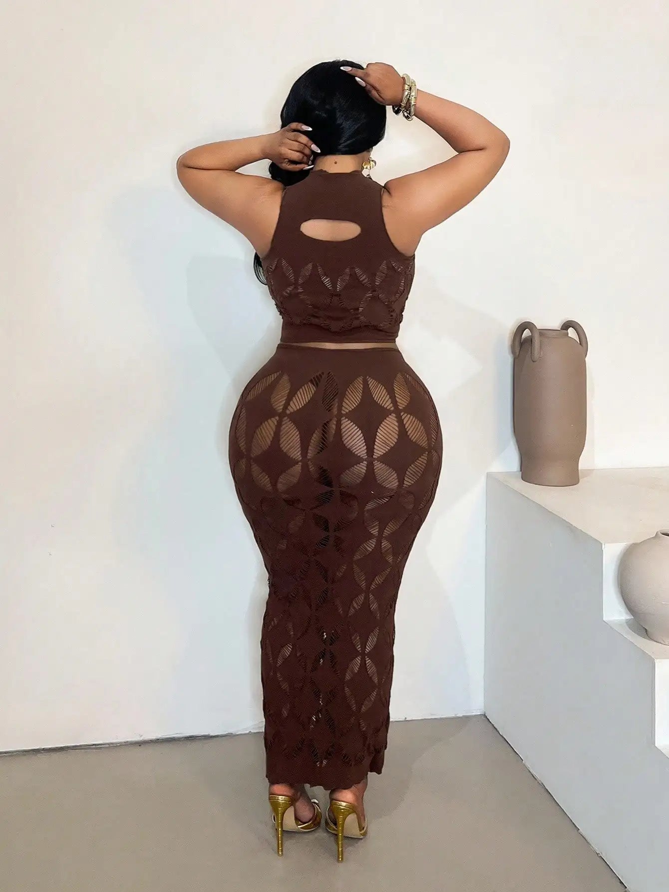 2PCS Women's Sexy Set Black&Brown Mesh Hollow Out Crop Tank & High Waist Bodycon Mini Skirt Lace Stretechy Clubwear
