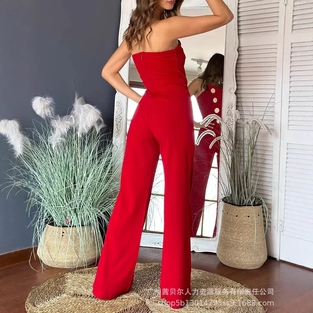 New Strapless Irregular Hem Jumpsuit Wide Leg Pants