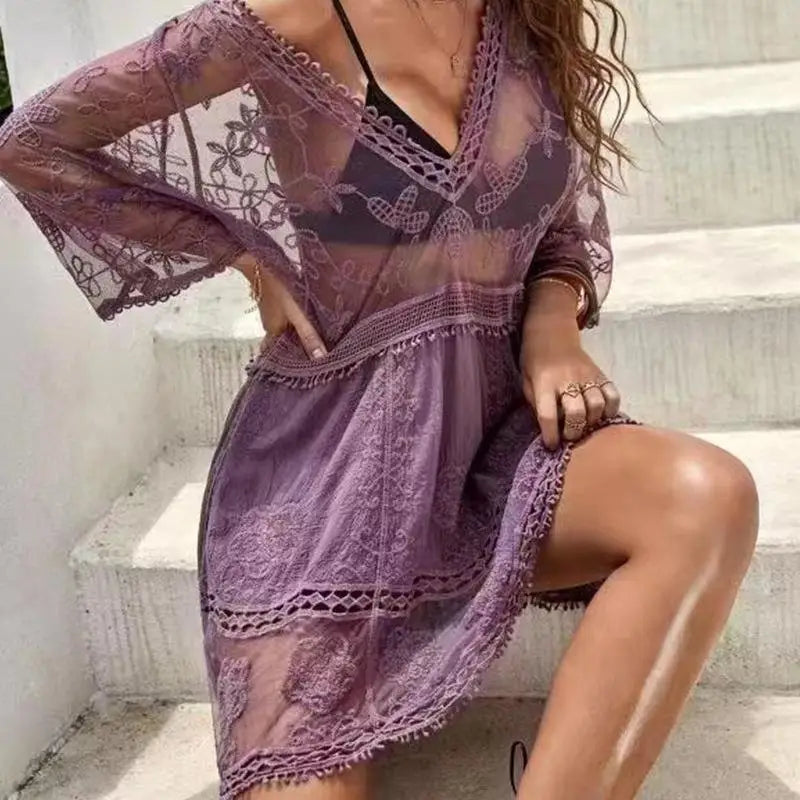 Women's Mesh Bikini Cover-up Deep V-neck Sexy Swimsuit Set Summer Loose Beach Short Sleeve Lace Hollow Out Dress