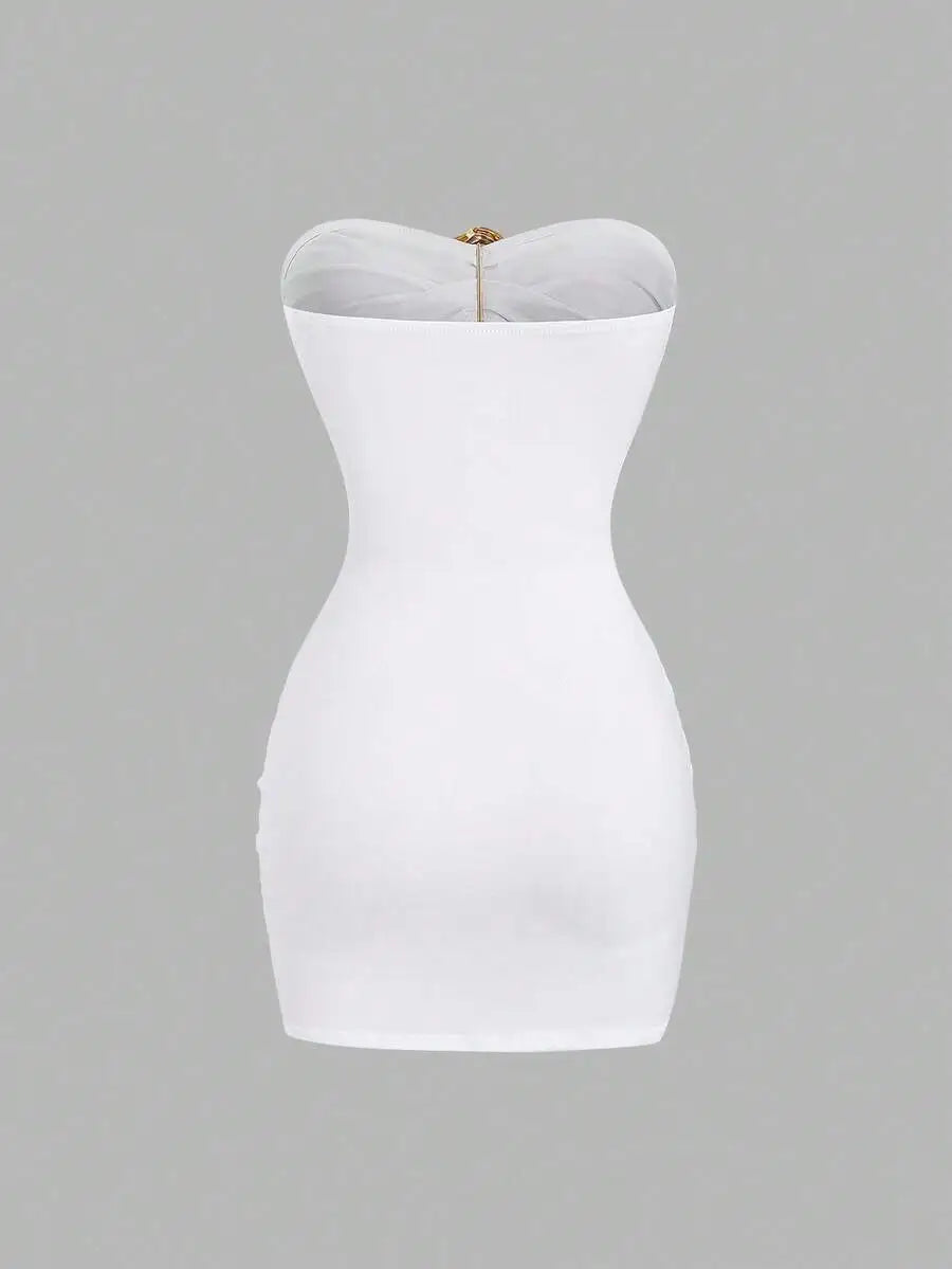 Women's Sexy Slim-Fit Strapless Bustier Mini Dress with Metal Buckle