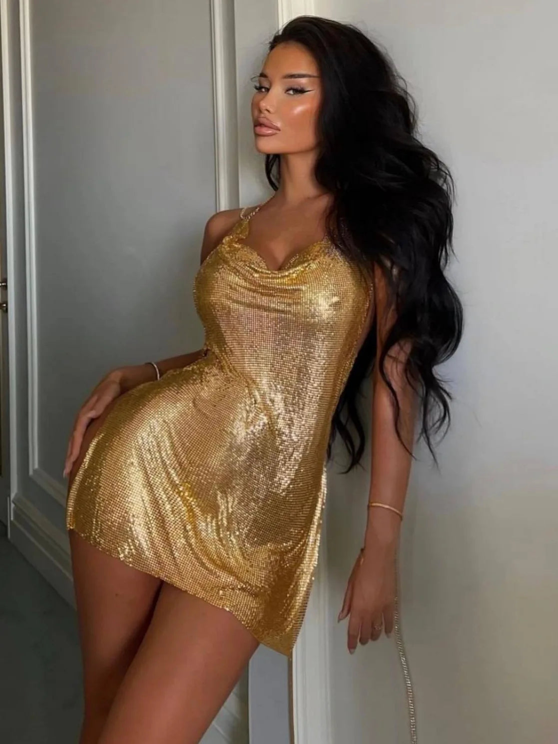 Shiny Luxury Sequined Low Cut Halter Mini Dress Backless Patchwork Split Sleeveless Hollow Out Party Sexy Women Solid Dresses
