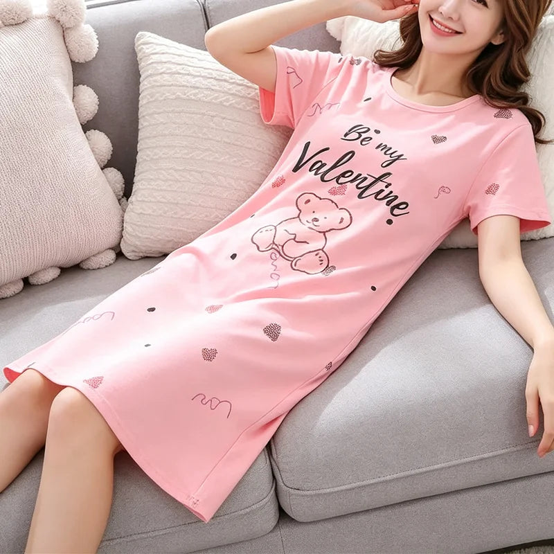 Women Large Size Pajamas Short-Sleeved Nightgown Cartoon Bear Long Student Robe Rabbitlong Skirt Loungewear Girl Dress