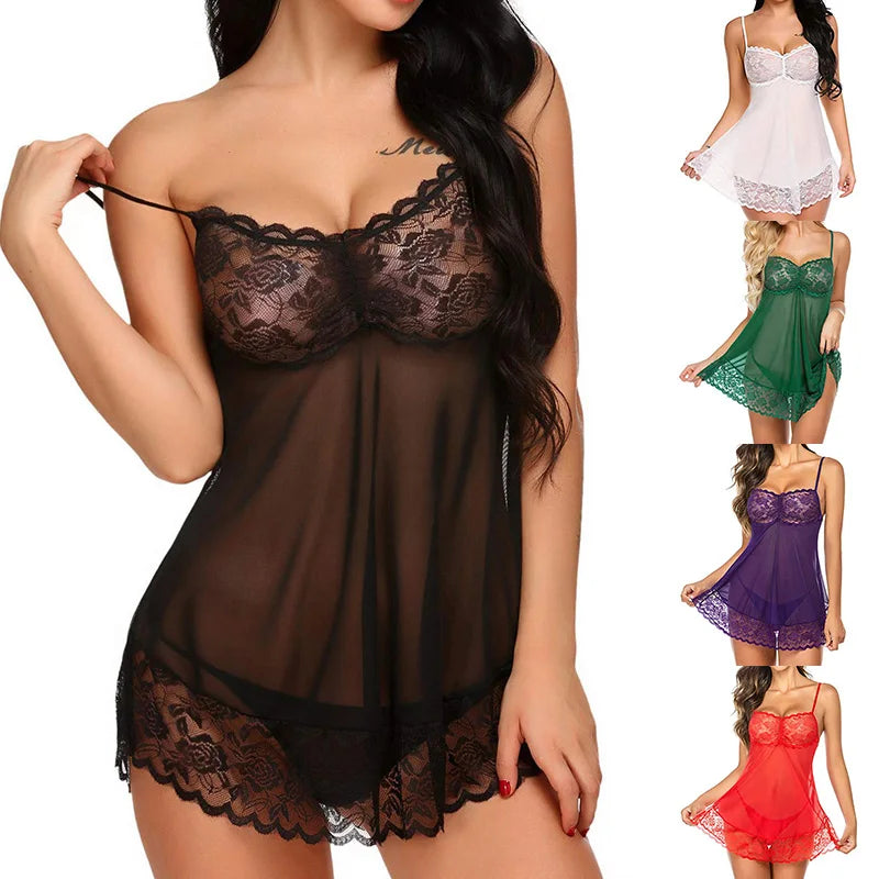 Women Sexy Lingerie Female Lace Sleepwear Deep-V Night Sleeping Nightgown Perspective Dress Female Transparent Thin Nightdress