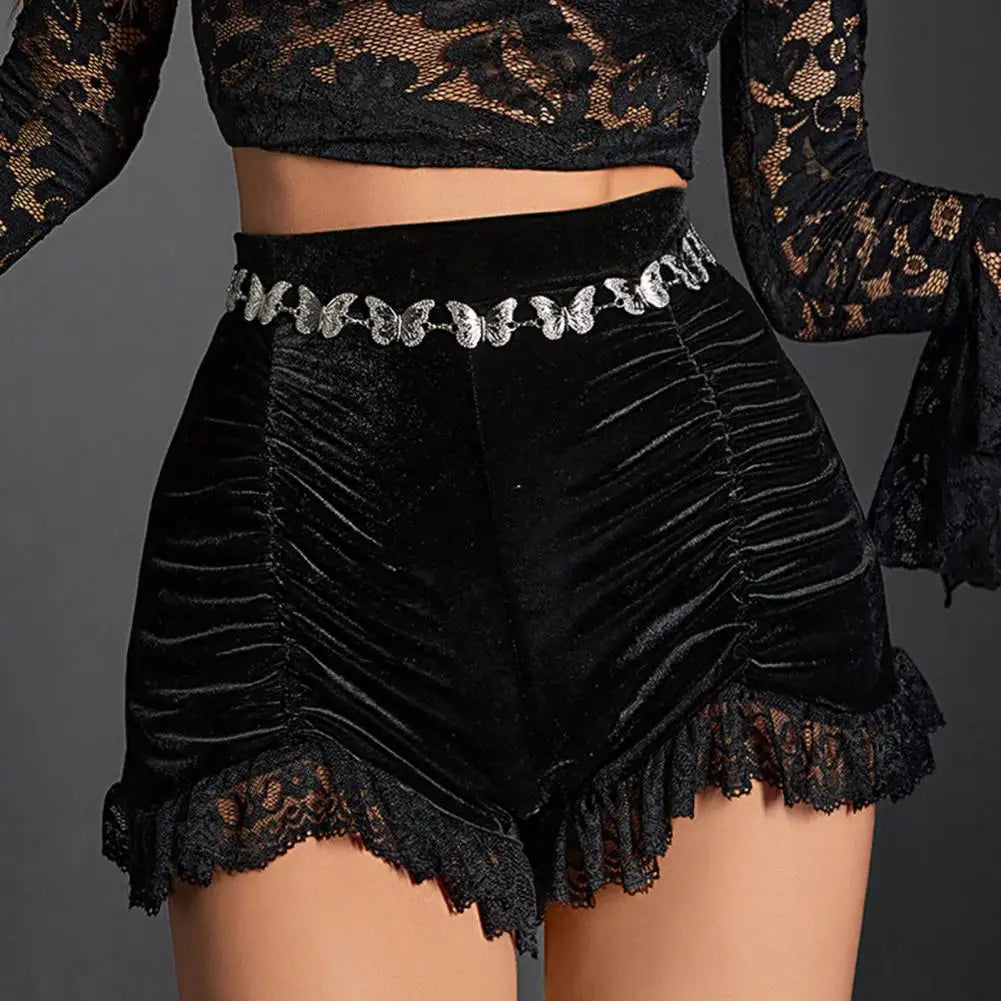 Women Shorts Lace Patchwork High Elastic Waist Shorts Slim Fit Pleated Irregular Hem Super Short Pants Club Party Trousers