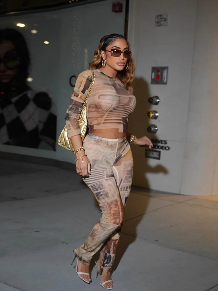 Kliou Sexy See Through 2 Piece Set Woman Colorful Print o-Neck Full Sleeve Crop Tops+Skinny Peach Hip Long Pants Art Style Suits