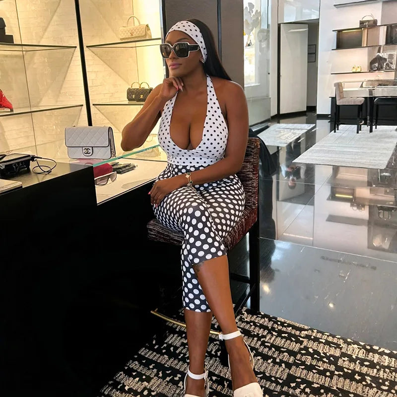 Polka Dots Print Playsuit Woman Clothes Halter Backless Patchwork Skinny 2026 Summer Sexy Skinny Stretch Rompers with Headband