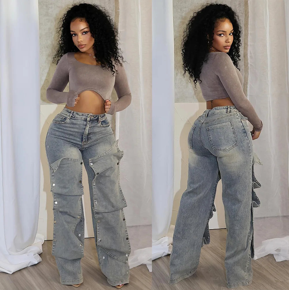BKLD Women Clothing Straight Elastic Jeans Women Clothing Autumn Streetwear Fashion Detachable Button High Waist Denim Pants