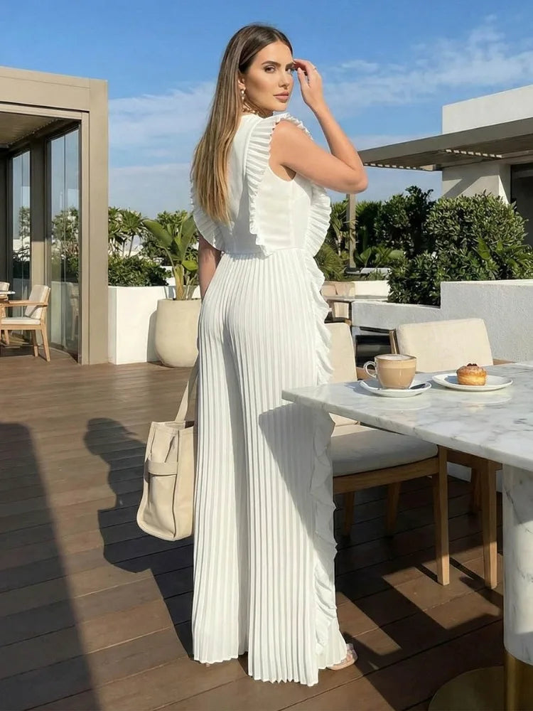 Women White Jumpsuit Round Neck Sleeveless Ruffled Pleated Split Joint Wide Leg Loose Fit Casual Summer Beach Vacation Outfits