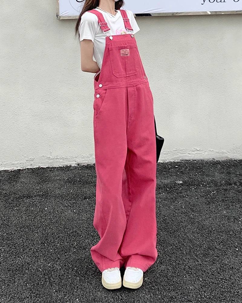 XS-XL jean womens 2022 Summer Preppy Style loose Girls Pink wide leg trousers jumpsuit korean casual denim overalls womens(78891