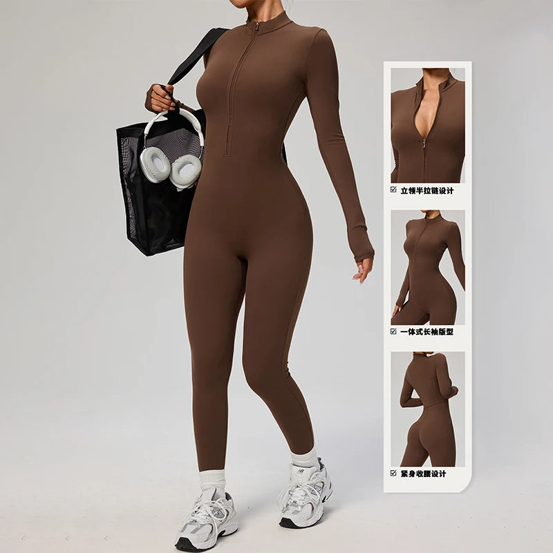 TRY TO BN Women's Jumpsuit Long Sleeve Zipper Shapewear Bodysuit Yoga Fitness One Piece Tights Gym Clothing Mono Deportivo Mujer