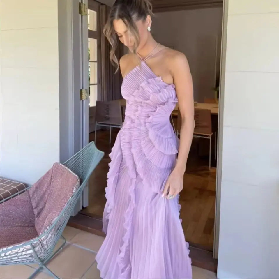 Elegant Women Ruffle Pleated Long Dress Fashion Sleeveless Halter Irregular Tiered Pleated Flowy Maxi Dresses for Wedding Party