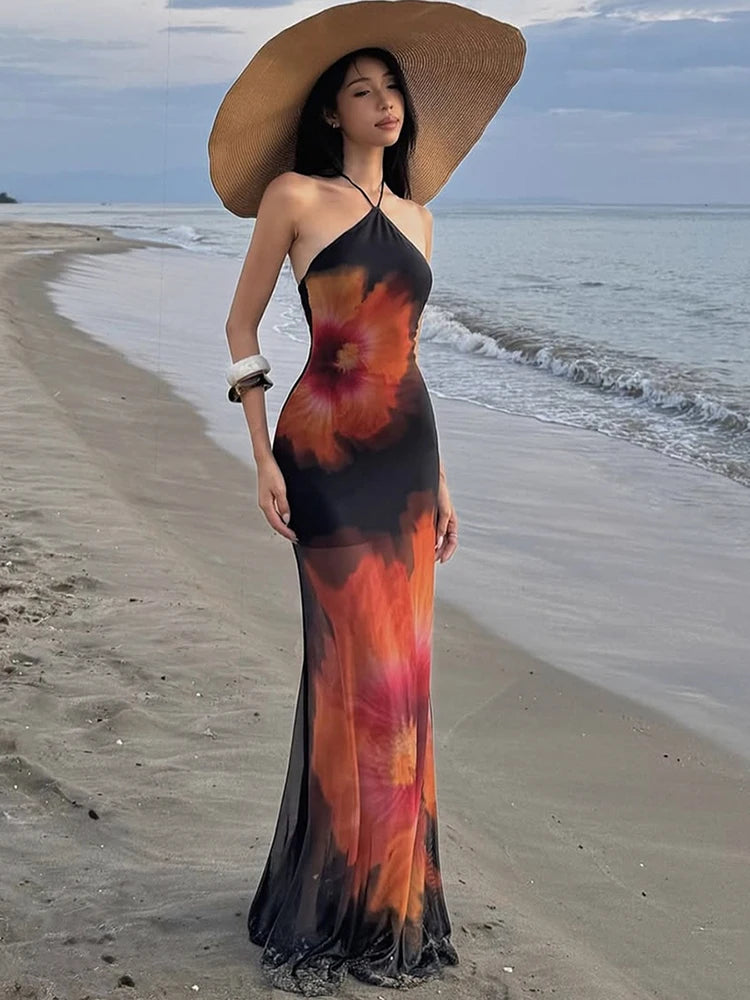 Weird Puss Beach Vacation Dress Women See Through Flower Print Halter Backless Bandage Sleeveless Party Club Stretch  Bodycon