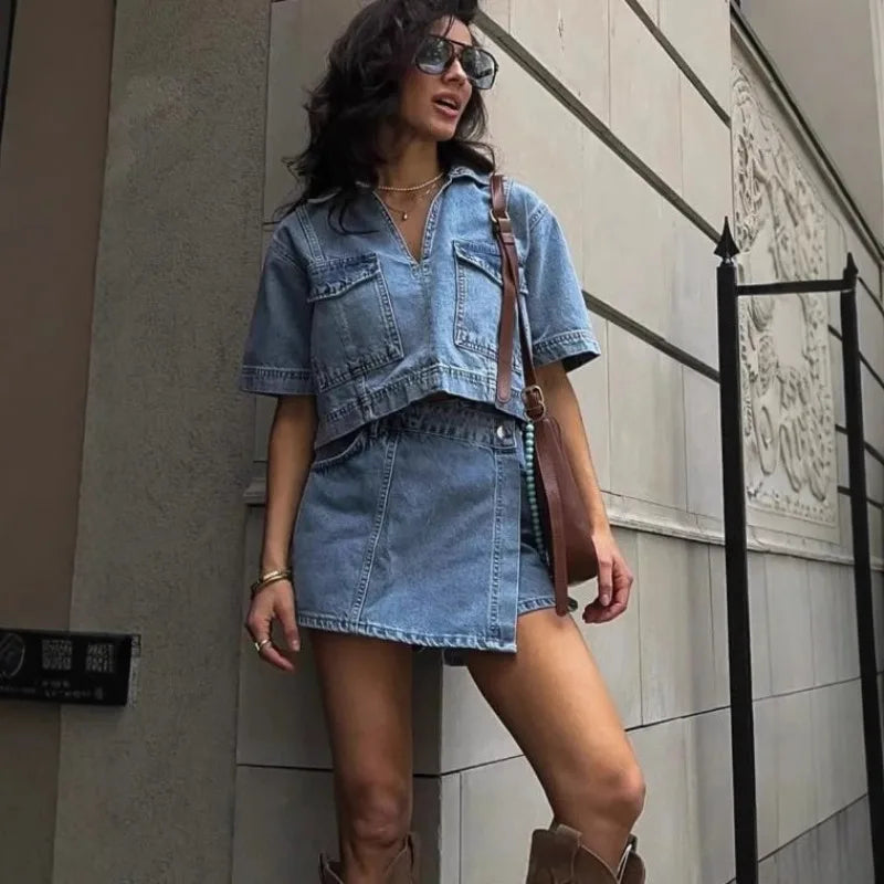 2026 New Elegant Blue Denim Outfit for Women Short Sleeve Top and Wrap Skirt Set for Casual and Streetwear Women's Matching Sets