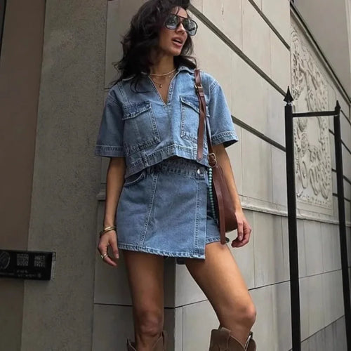 2026 New Elegant Blue Denim Outfit for Women Short Sleeve Top and Wrap Skirt Set for Casual and Streetwear Women's Matching Sets